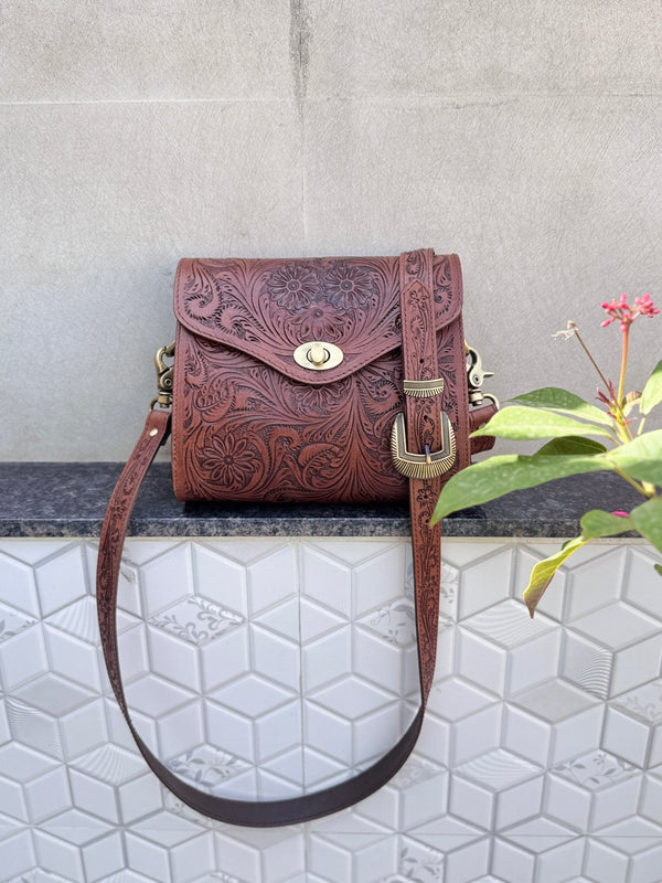 Hand Tooled Leather Sling Bag Gypsy Boho Handmade Western Stylish Multi Uses Bags