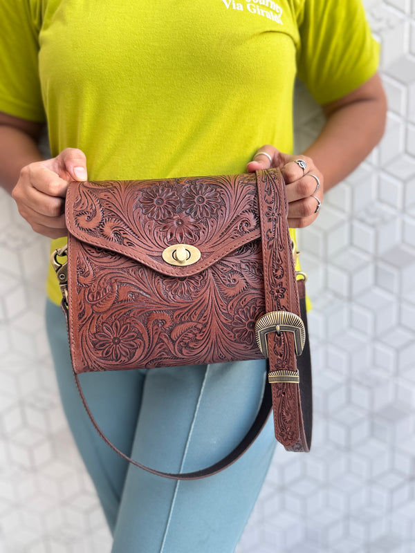 Hand Tooled Leather Sling Bag Gypsy Boho Handmade Western Stylish Multi Uses Bags