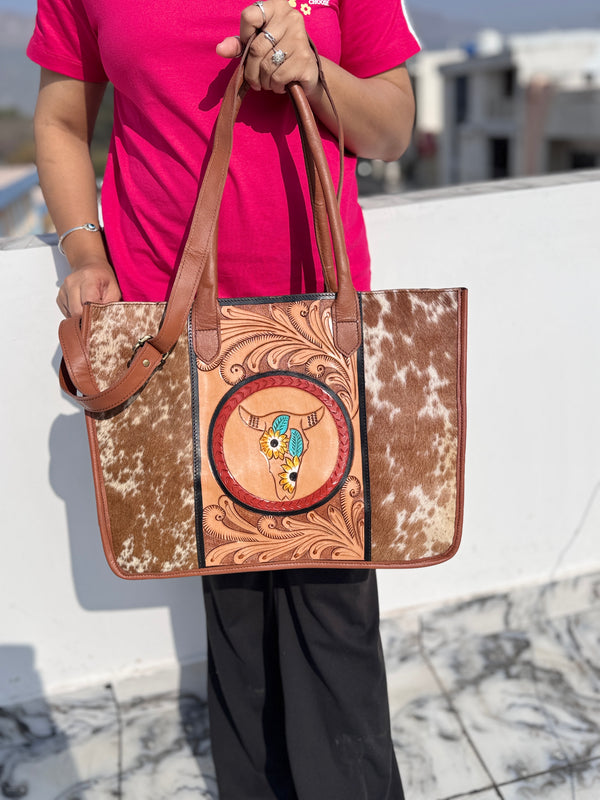 Hand Tooled Carving Leather Tote Bag Stylish Purse Cowhide Fur Leather Bags