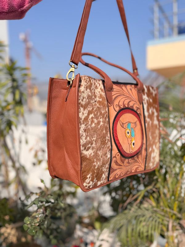 Hand Tooled Carving Leather Tote Bag Stylish Purse Cowhide Fur Leather Bags