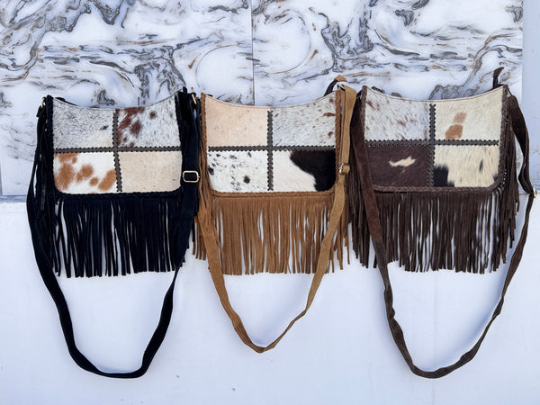 Hair on Hide Fur Fringe Leather Sling Bag Patches Cowhide Fur Handbag