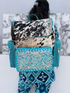 Carving Tooled Leather Stylish Backpack School Bags Turquoise Colour Hair On Hide Fur Unisex Backpack