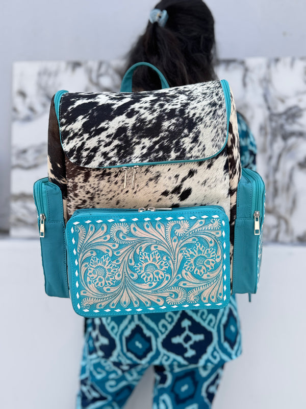 Carving Tooled Leather Stylish Backpack School Bags Turquoise Colour Hair On Hide Fur Unisex Backpack