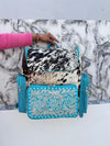 Carving Tooled Leather Stylish Backpack School Bags Turquoise Colour Hair On Hide Fur Unisex Backpack