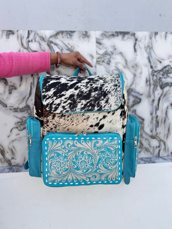 Carving Tooled Leather Stylish Backpack School Bags Turquoise Colour Hair On Hide Fur Unisex Backpack