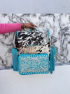 Carving Tooled Leather Stylish Backpack School Bags Turquoise Colour Hair On Hide Fur Unisex Backpack