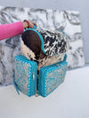 Carving Tooled Leather Stylish Backpack School Bags Turquoise Colour Hair On Hide Fur Unisex Backpack