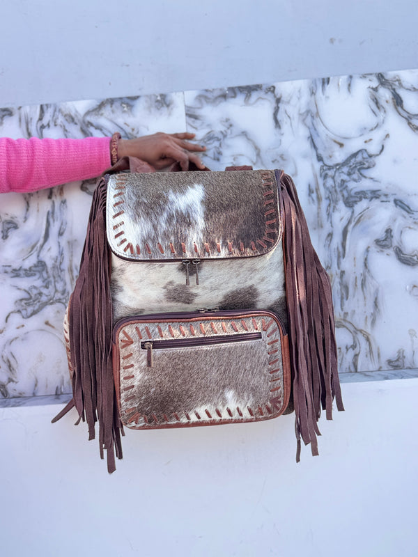 Cowhide Fur Leather Fringe Backpack Hair On Hide Fur Stylish Backpack School Bags UnisexBag