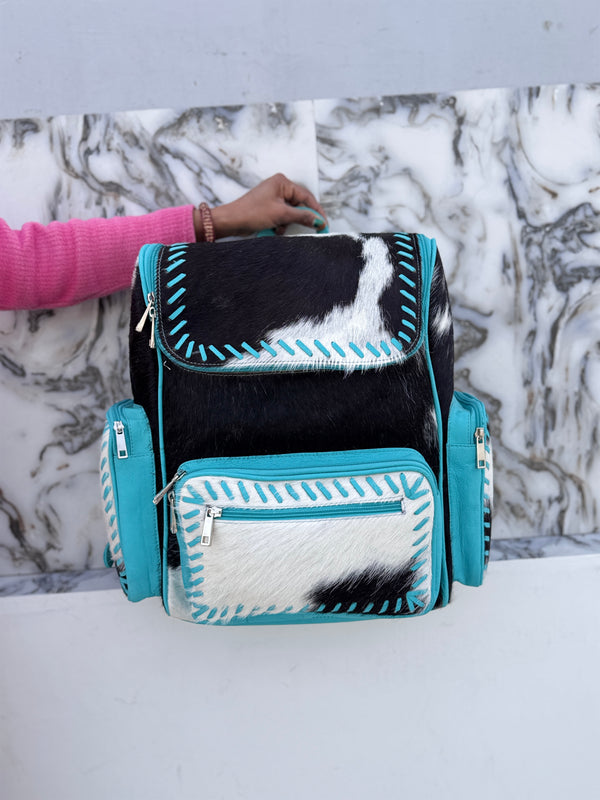 Hair On Hide Fur Leather Backpack School Bags Turquoise Colour Unisex Bag