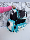 Hair On Hide Fur Leather Backpack School Bags Turquoise Colour Unisex Bag