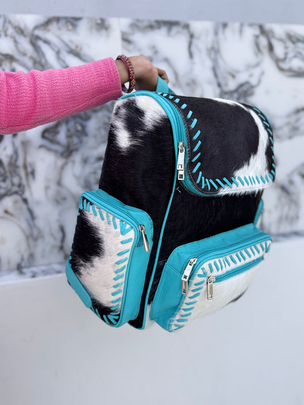 Hair On Hide Fur Leather Backpack School Bags Turquoise Colour Unisex Bag