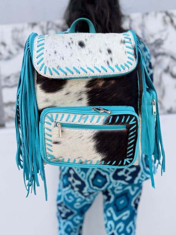 Cowhide Fur Leather Fringe Backpack School Bags Turquoise Colour Unisex Bag