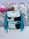 Cowhide Fur Leather Fringe Backpack School Bags Turquoise Colour Unisex Bag