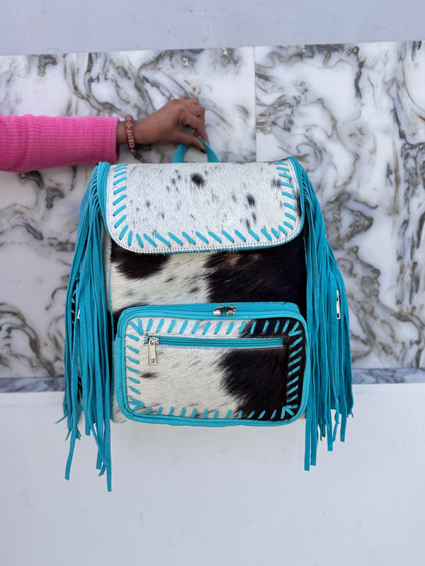 Cowhide Fur Leather Fringe Backpack School Bags Turquoise Colour Unisex Bag
