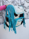 Cowhide Fur Leather Fringe Backpack School Bags Turquoise Colour Unisex Bag