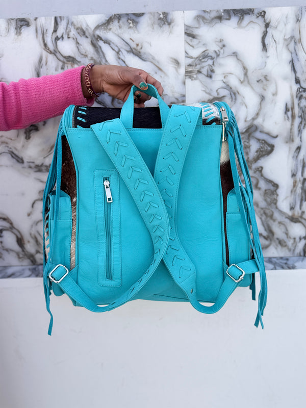 Cowhide Fur Leather Fringe Backpack School Bags Turquoise Colour Unisex Bag