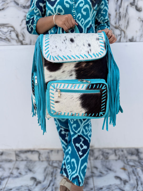 Cowhide Fur Leather Fringe Backpack School Bags Turquoise Colour Unisex Bag