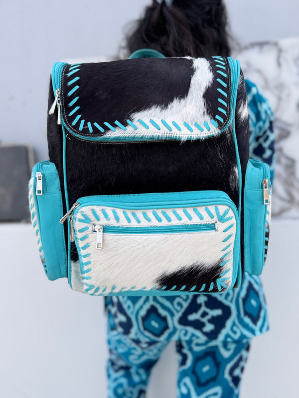 Hair On Hide Fur Leather Backpack School Bags Turquoise Colour Unisex Bag