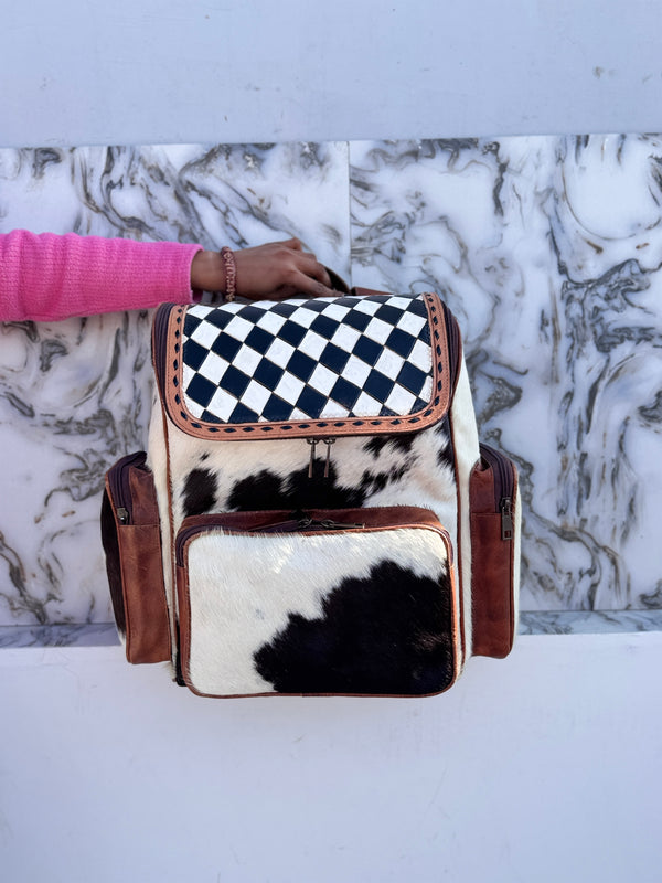 Hand Tooled Leather Backpack Hair On Hide Fur Stylish Backpack Checkers Pattern School Bags Unisex Bag