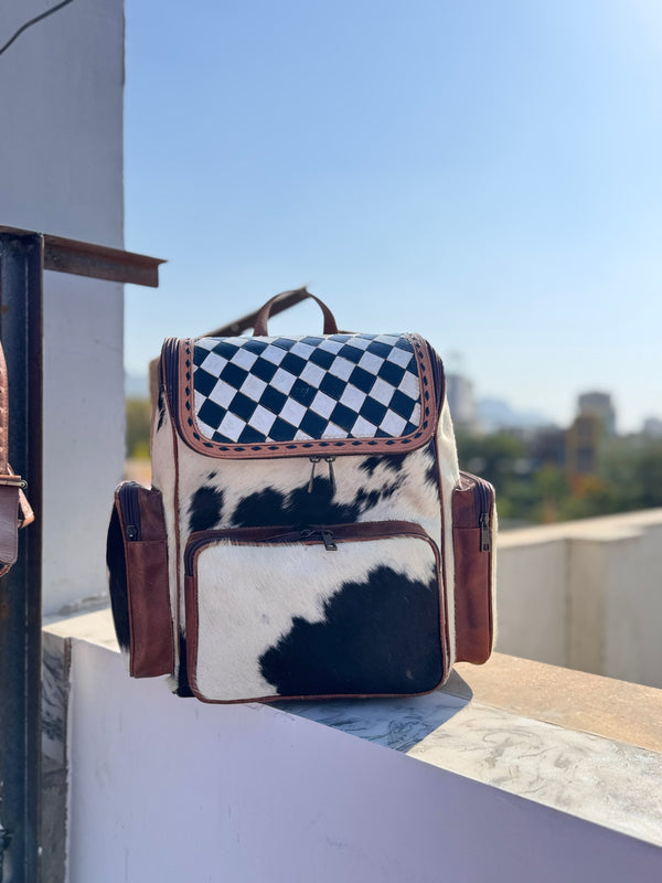 Hand Tooled Leather Backpack Hair On Hide Fur Stylish Backpack Checkers Pattern School Bags Unisex Bag