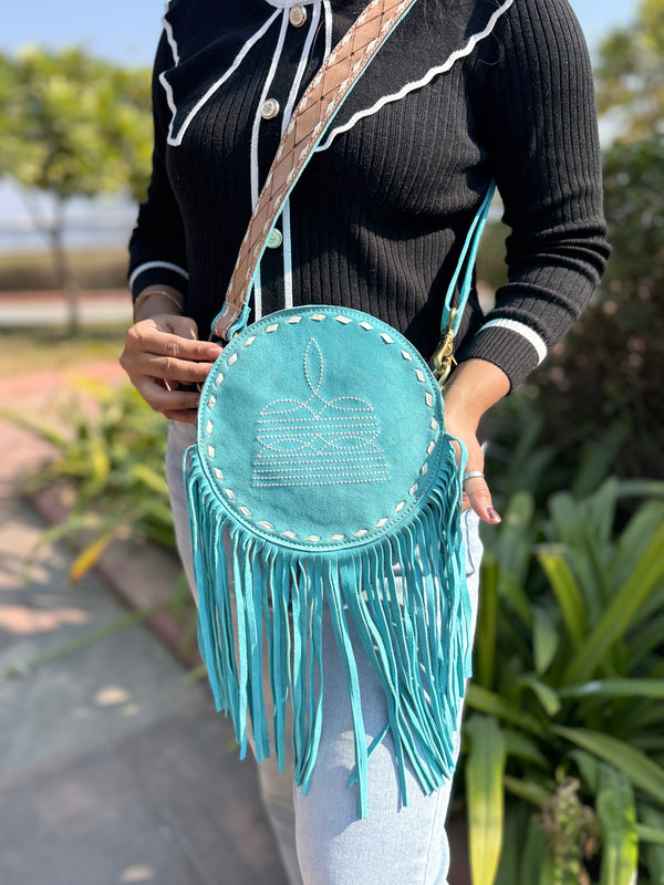 Suede Leather Western Style Boot Stitch New Designer round Fringe Bag Handbag Bohemian Women Handbag