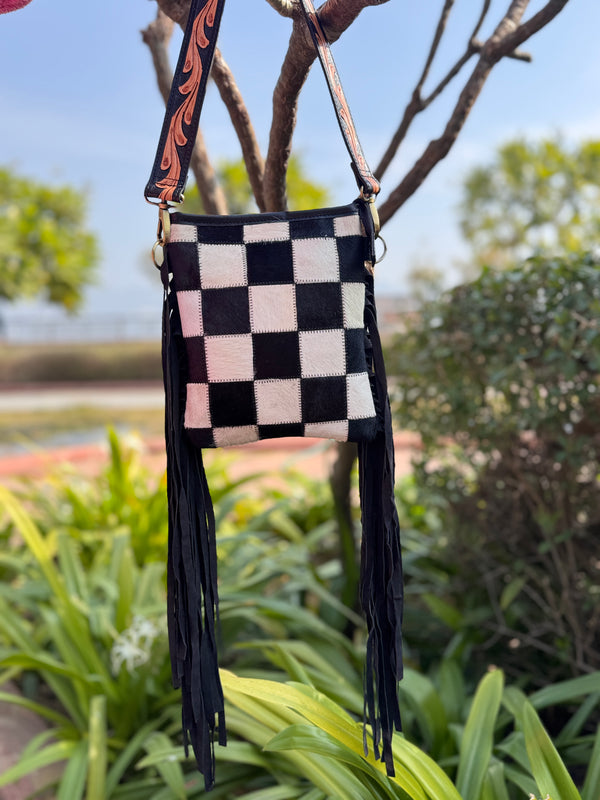 Cowhide Fur Leather Fringe Bag Hand Tooled Carving Beautiful Designer Women's Bags