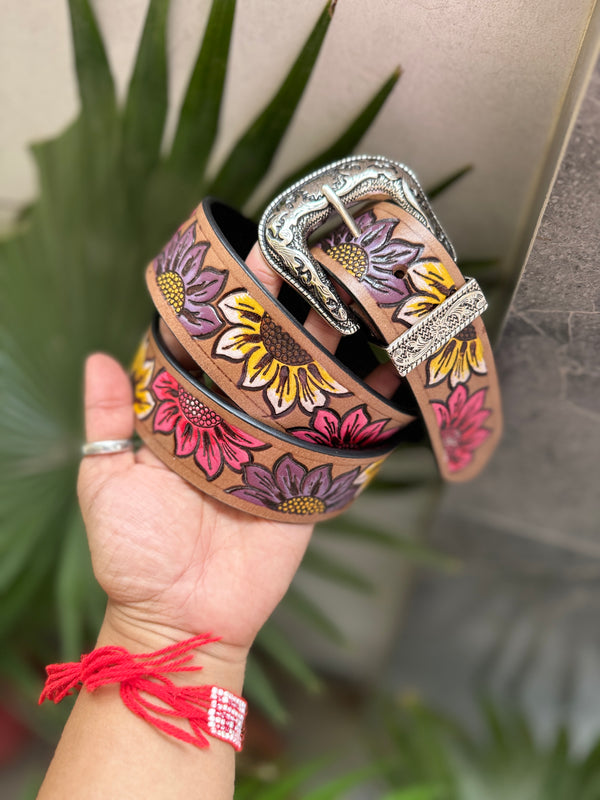 High Quality Leather Belts Hand Tooled Carving Stylish Sunflower Belt UnisexLuxury Belts