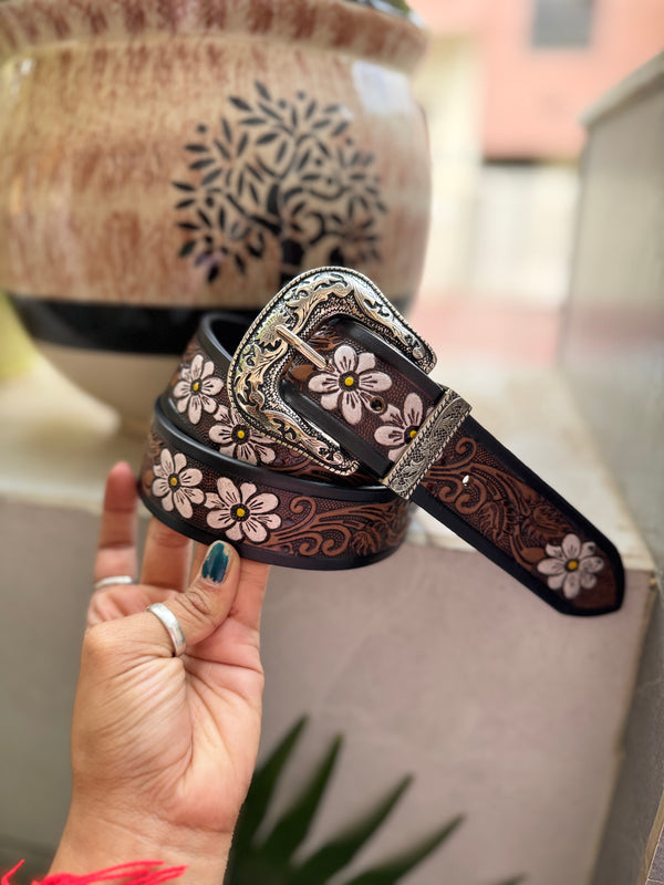 Hand Tooled Leather Belts Stylish Handmade Belts Flower Print Boho Vintage Stylish Western Leather Belts