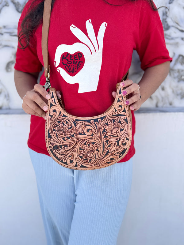 Hand Tooled Carving Leather Handbag Sling Bag Gypsy Boho Shoulder Western Bags