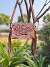 Cowhide Fur Leather Fringe Bag Hand Tooled Leather Cross Body Sling Bag Handmade Multi Uses Bags