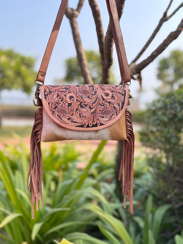 Cowhide Fur Leather Fringe Bag Hand Tooled Leather Cross Body Sling Bag Handmade Multi Uses Bags