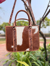 Cowhide Fur Leather Tote Bag Hand Tooled Carving Leather Shoulder Bag
