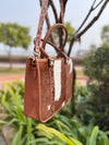 Cowhide Fur Leather Tote Bag Hand Tooled Carving Leather Shoulder Bag