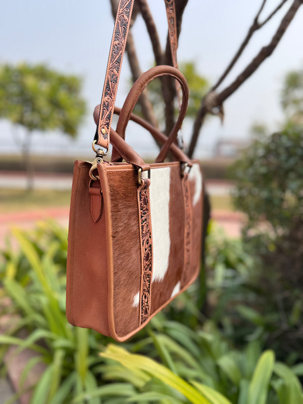 Cowhide Fur Leather Tote Bag Hand Tooled Carving Leather Shoulder Bag