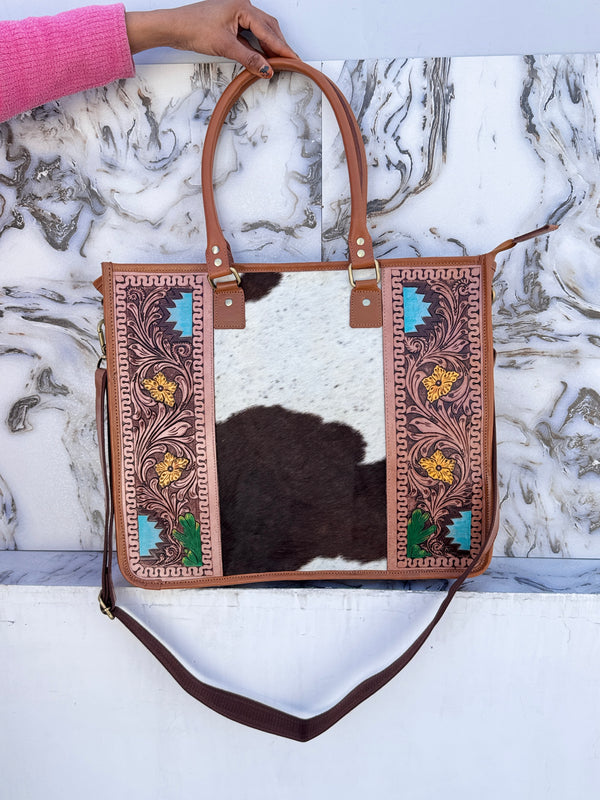 Hand Tooled Carving Leather Tote Bag Stylish Leather Purse Cowhide Fur Leather Bags
