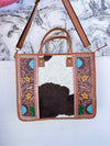 Hand Tooled Carving Leather Tote Bag Stylish Leather Purse Cowhide Fur Leather Bags