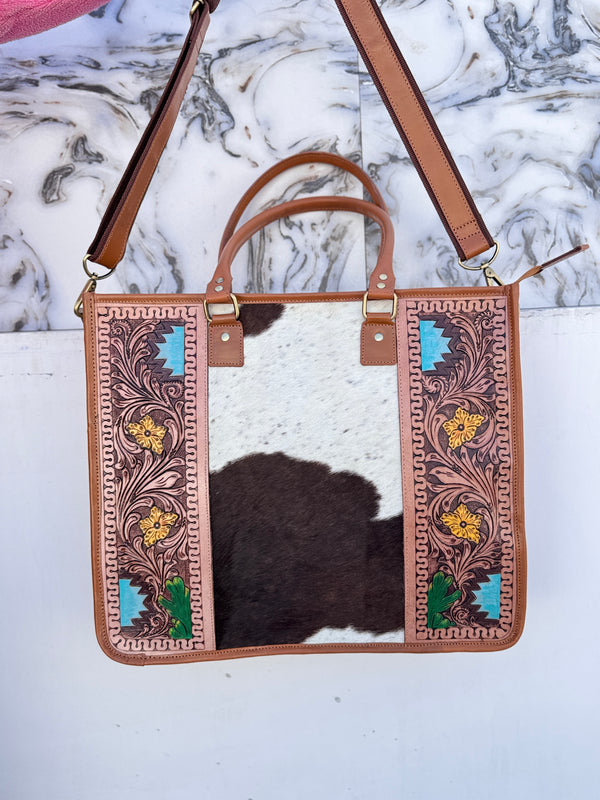 Hand Tooled Carving Leather Tote Bag Stylish Leather Purse Cowhide Fur Leather Bags