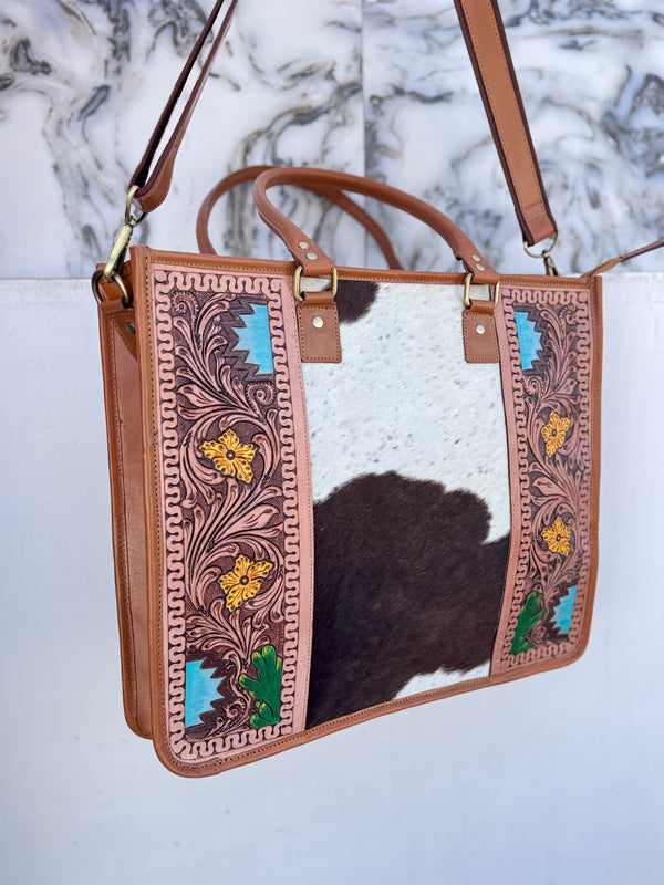 Hand Tooled Carving Leather Tote Bag Stylish Leather Purse Cowhide Fur Leather Bags