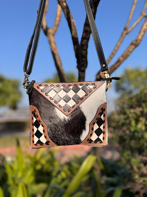 Cowhide Fur Leather Latest Designer Hand Tooled Checker Pattern Handbag