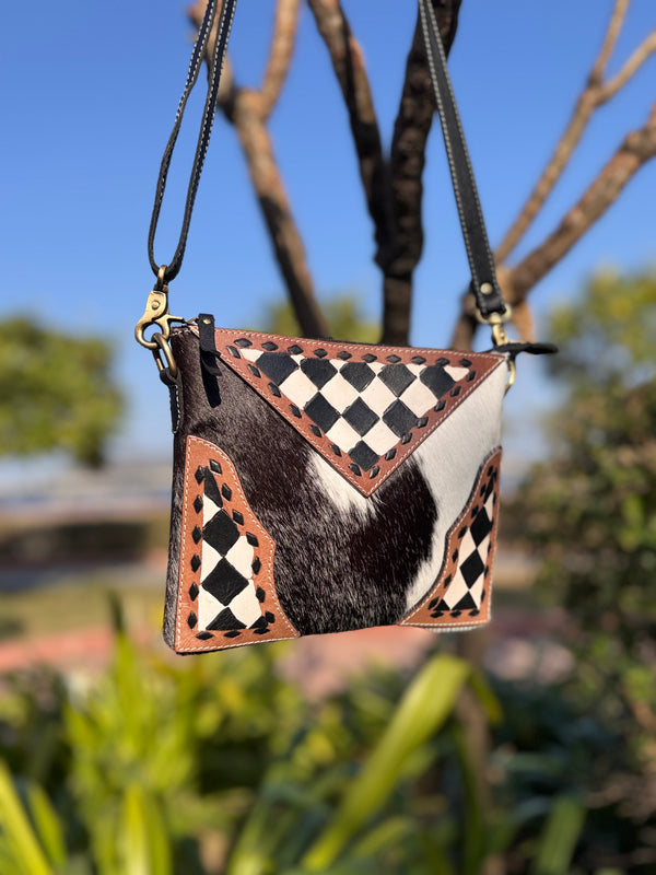 Cowhide Fur Leather Latest Designer Hand Tooled Checker Pattern Handbag