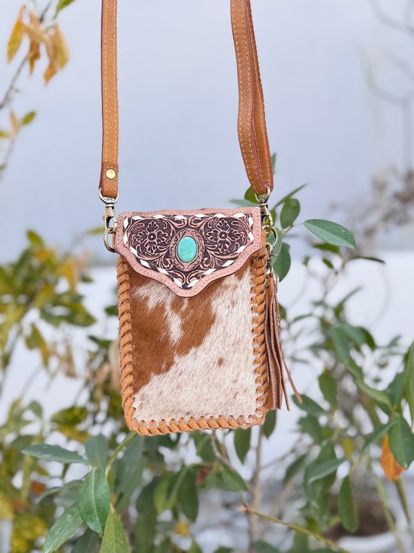Cowhide Fur Hand Tooled Carving Turquoise Stone Sling Leather Bag Small Size Phone Purse