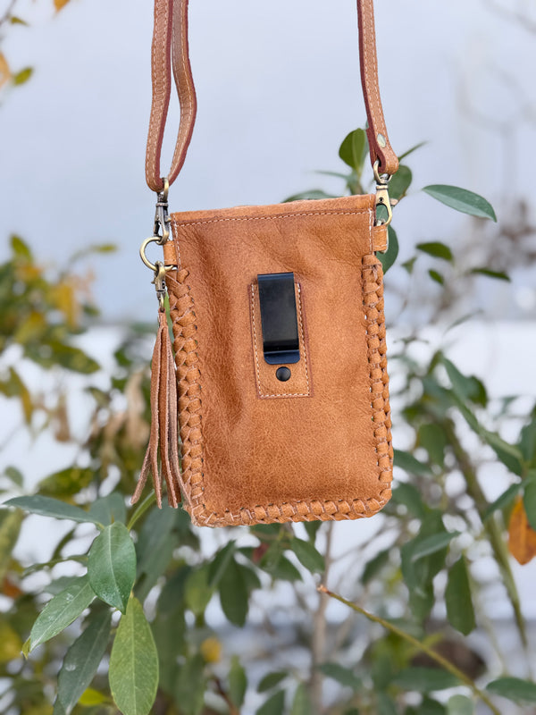 Cowhide Fur Hand Tooled Carving Turquoise Stone Sling Leather Bag Small Size Phone Purse