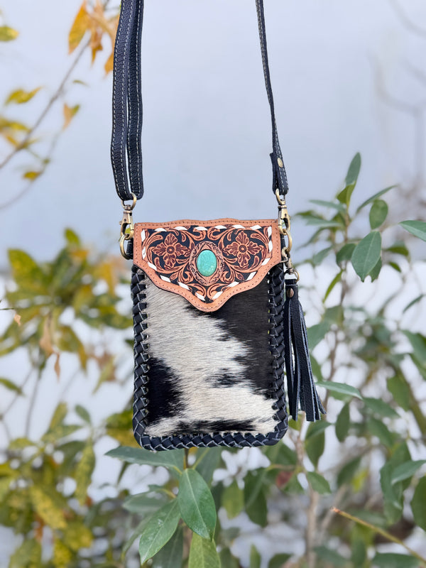 Cowhide Fur Hand Tooled Carving Turquoise Stone Sling Leather Bag Small Size Phone Purse