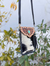 Cowhide Fur Hand Tooled Carving Turquoise Stone Sling Leather Bag Small Size Phone Purse