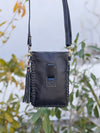 Cowhide Fur Hand Tooled Carving Turquoise Stone Sling Leather Bag Small Size Phone Purse