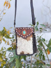 Cowhide Fur Hand Tooled Carving Turquoise Stone Sling Leather Bag Small Size Phone Purse