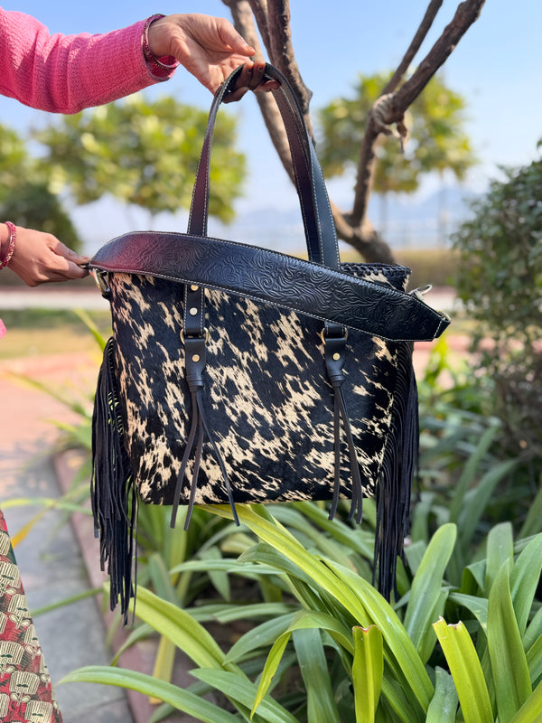 Women's Cowhide Fur Leather Tote Bag Handmade Fringe Shoulder Strap Western Style Real Leather Bag