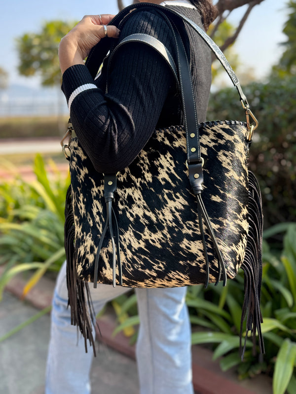 Women's Cowhide Fur Leather Tote Bag Handmade Fringe Shoulder Strap Western Style Real Leather Bag