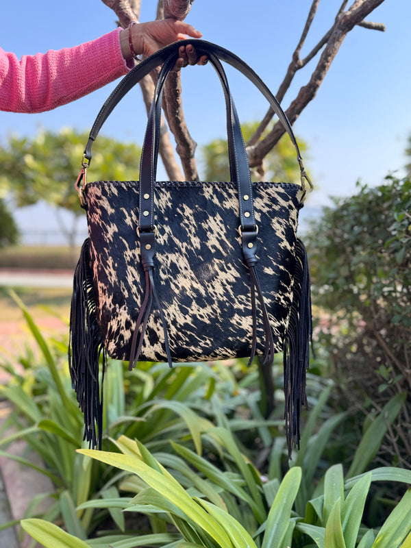 Women's Cowhide Fur Leather Tote Bag Handmade Fringe Shoulder Strap Western Style Real Leather Bag