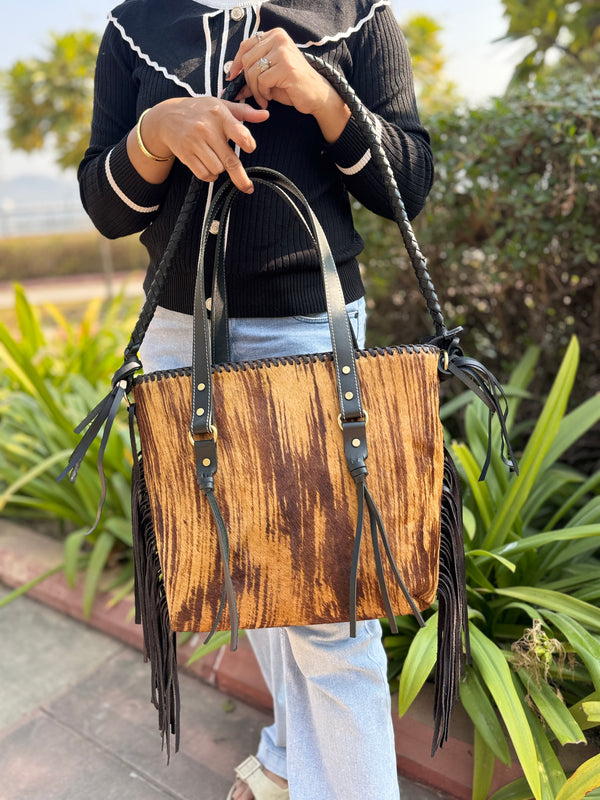 Cowhide Fur Leather Tote Bag Handmade Fringe Shoulder Strap Western Style Real Leather Bag for Girls